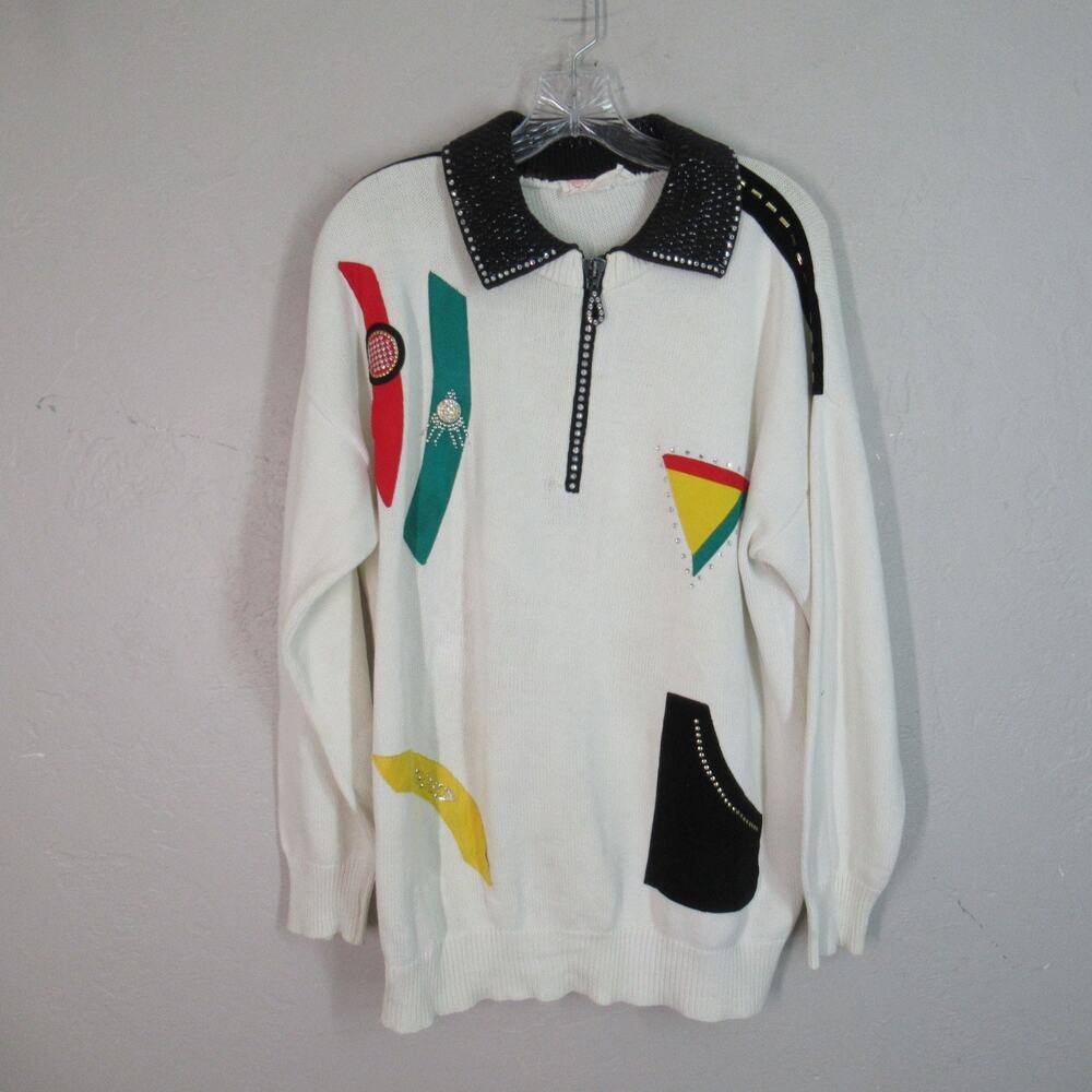 Vtg 80s Mardel Sweater OS White Cotton Abstract Rhinestone Applique Pullover Zip